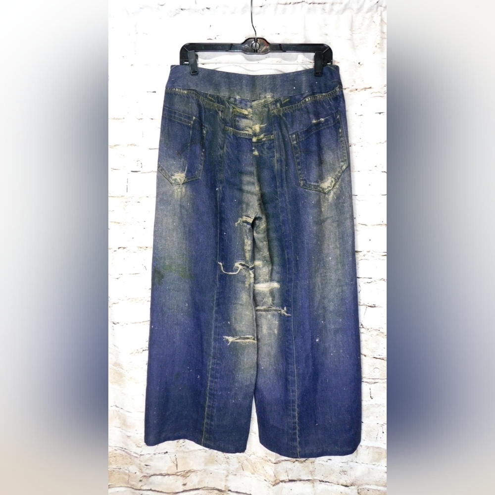 NWT Babette Wide Leg 100% Linen Faux Distressed Jeans Size Small In Blue